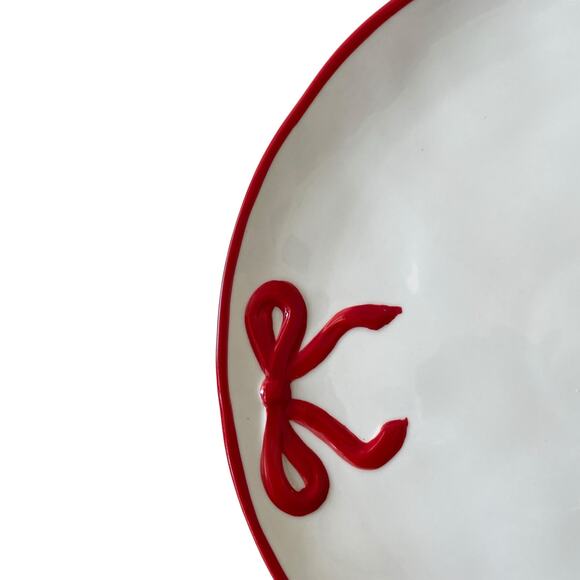 Hand Painted Coquette Red Bow Dinner Plates 10.25in White Ceramic Set of 4 NEW - Picture 10 of 13